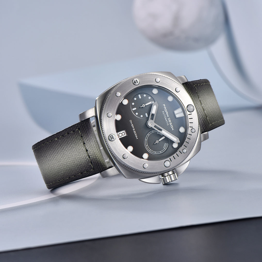 Pagani Design gray-dial automatic watch, studio angle showing case profile and gray nylon strap