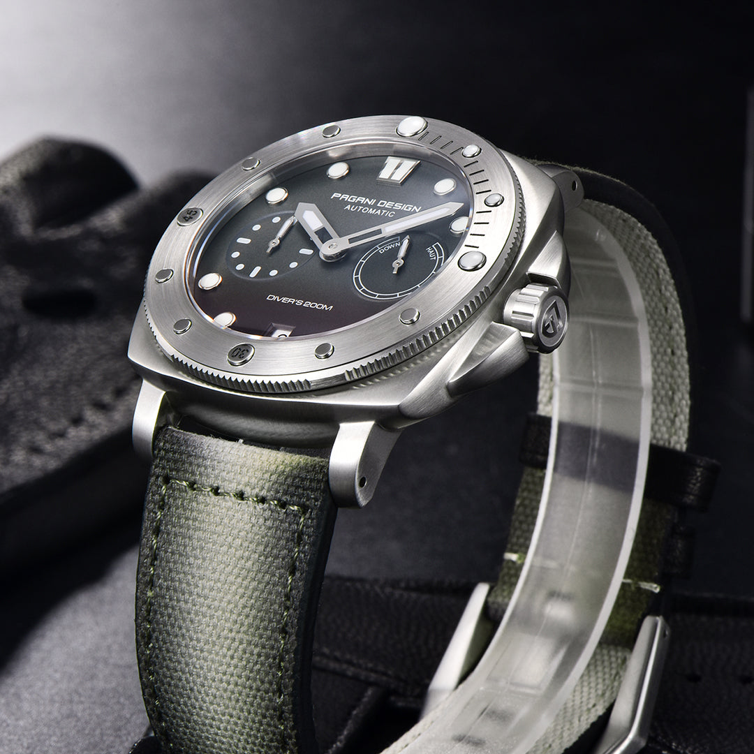 Pagani Design gray-dial automatic watch, side angle showing gray nylon strap and buckle