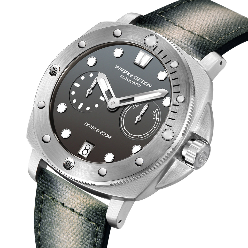 Pagani Design gray-dial automatic diver, 41mm steel case with gray nylon strap, three-quarter view