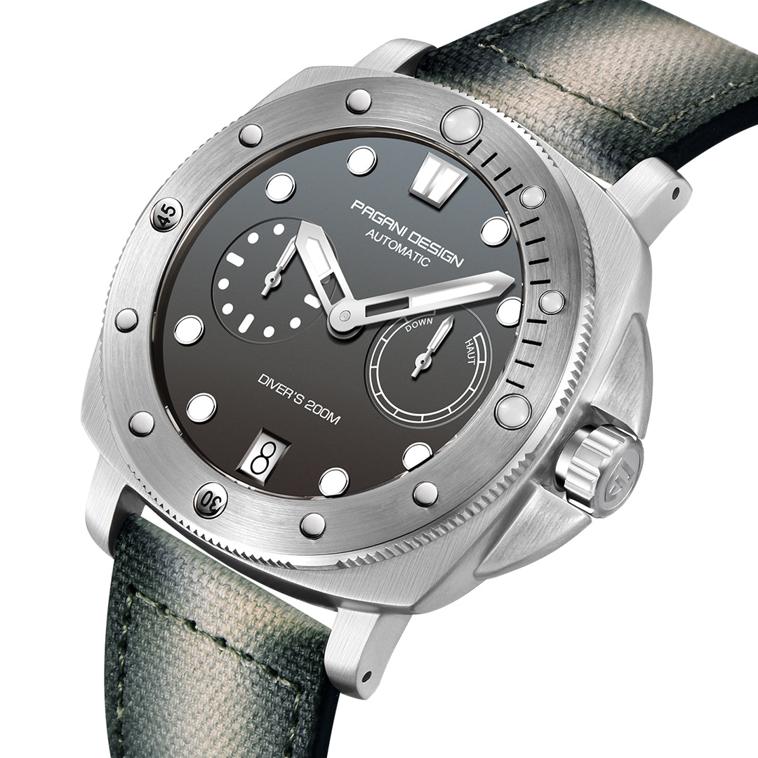 Pagani Design gray-dial automatic diver, 41mm steel case with gray nylon strap, three-quarter view