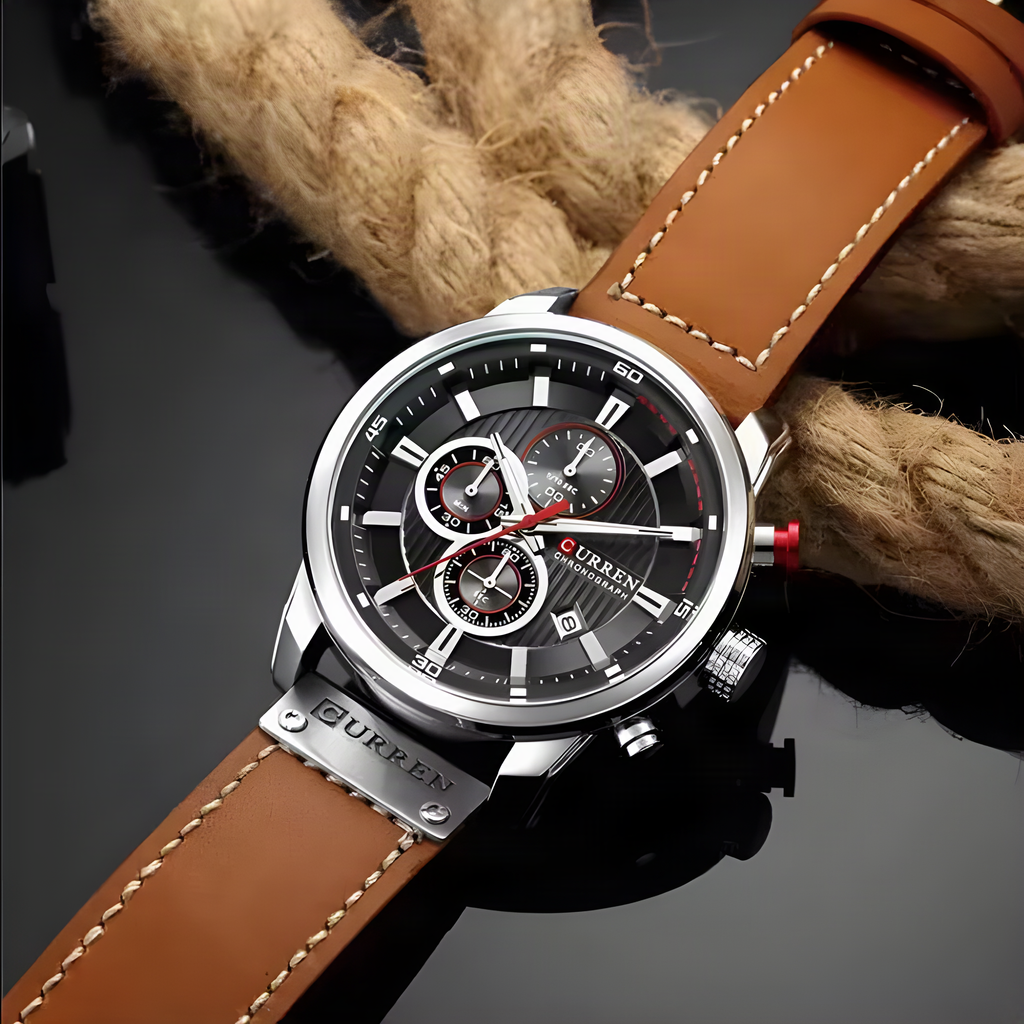 CURREN large-dial leather chronograph in Brown lifestyle view