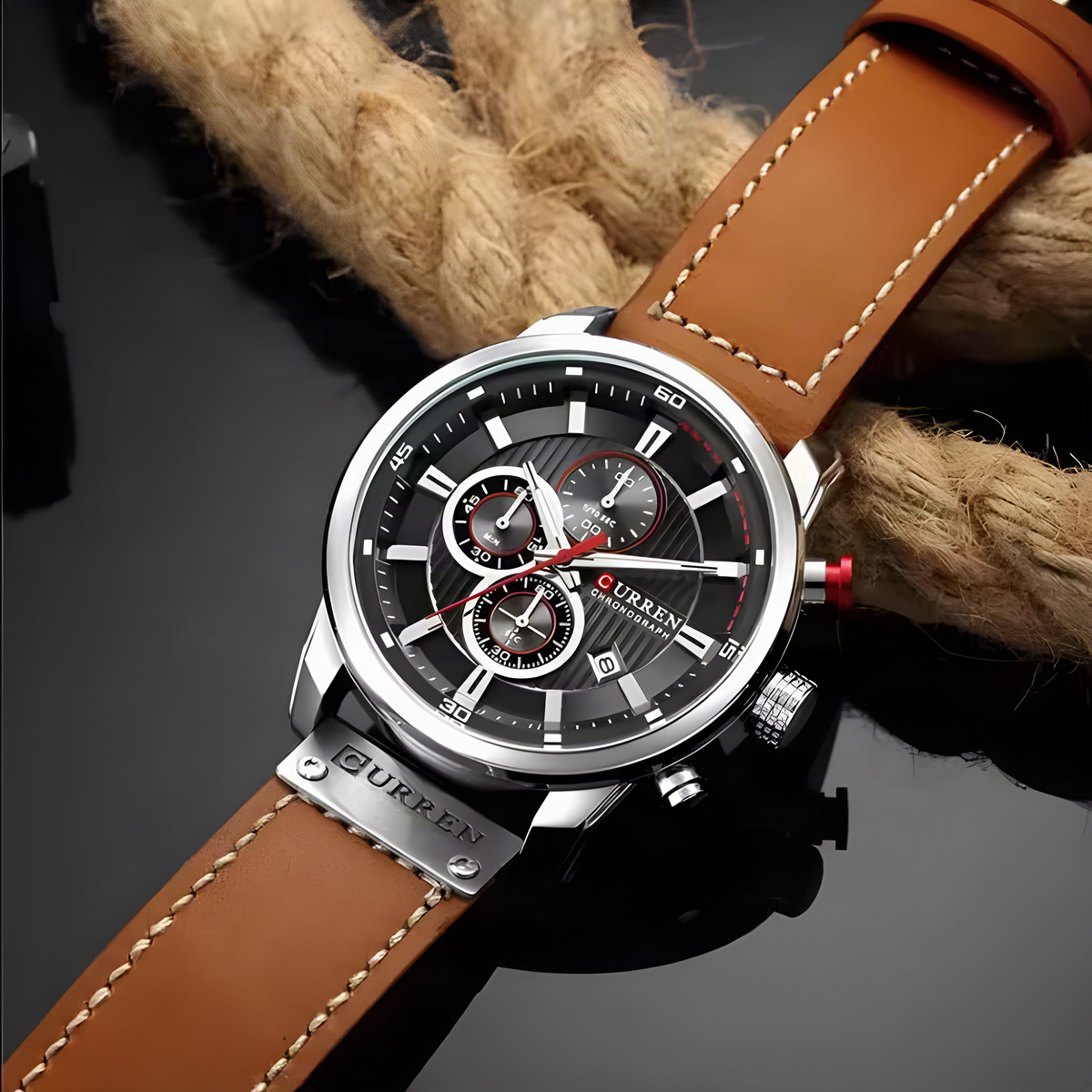 CURREN large-dial leather chronograph in Brown lifestyle view