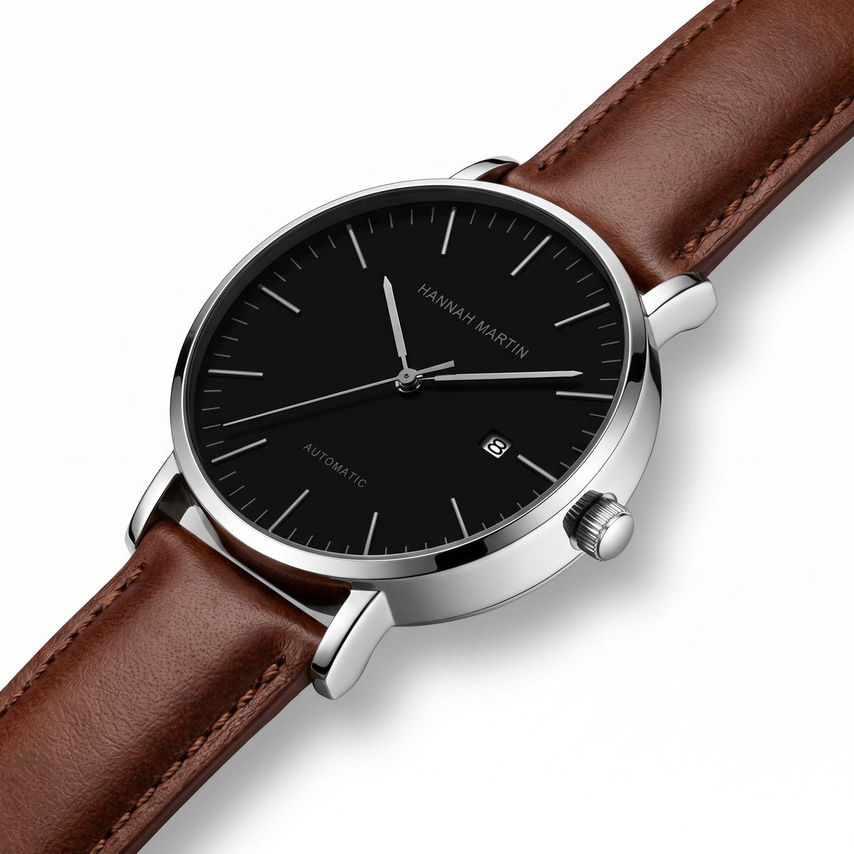 HANNAH MARTIN 1801 Automatic 41mm, black dial on brown leather, high three-quarter view showing the steel case side and crown