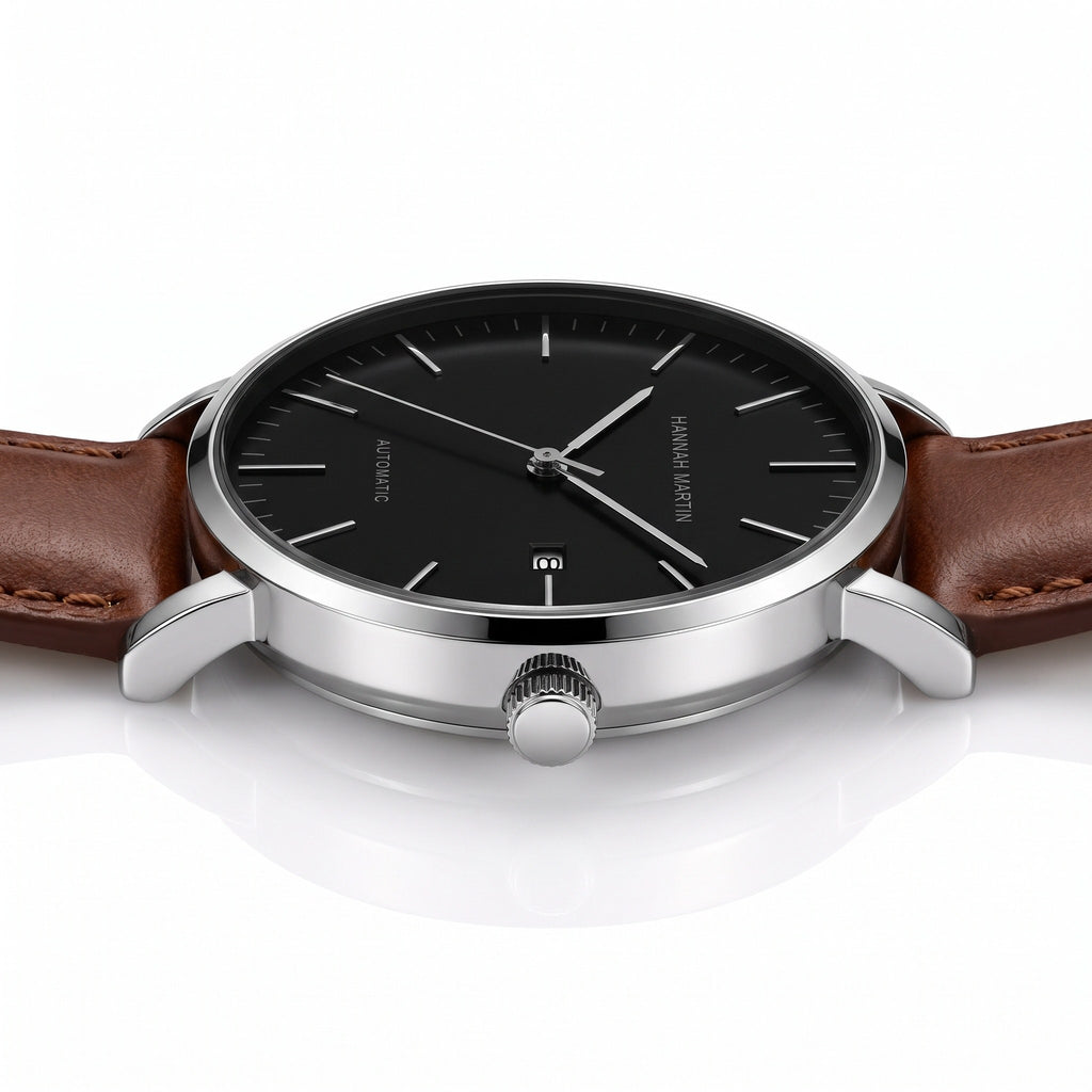 HANNAH MARTIN 1801 Automatic 41mm, black dial on brown leather, low side profile showing the 12mm case and crown