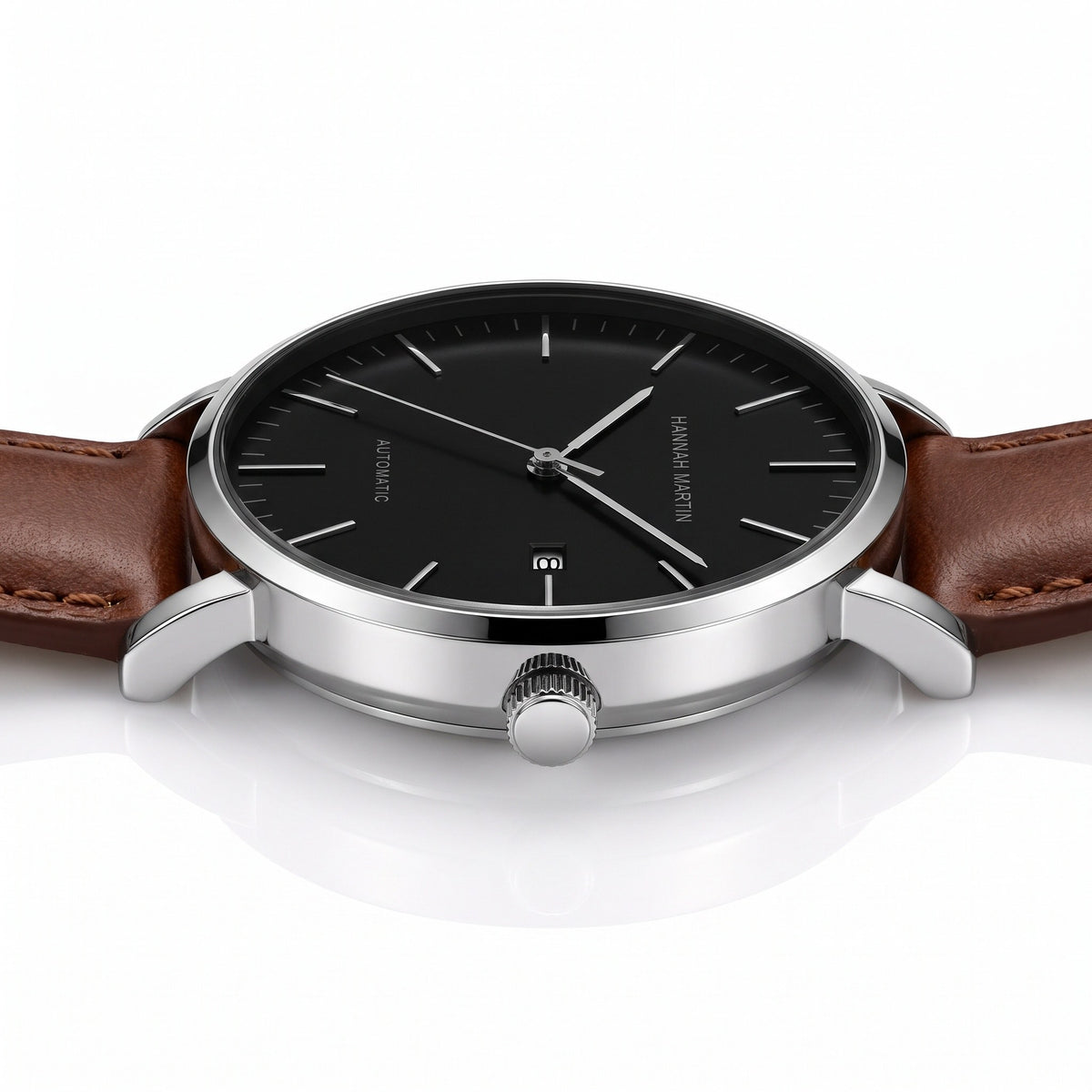 HANNAH MARTIN 1801 Automatic 41mm, black dial on brown leather, low side profile showing the 12mm case and crown