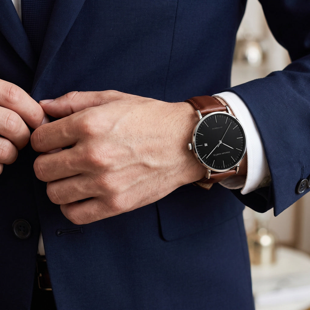 HANNAH MARTIN 1801 Automatic 41mm, black dial on brown leather, worn while buttoning a navy suit jacket