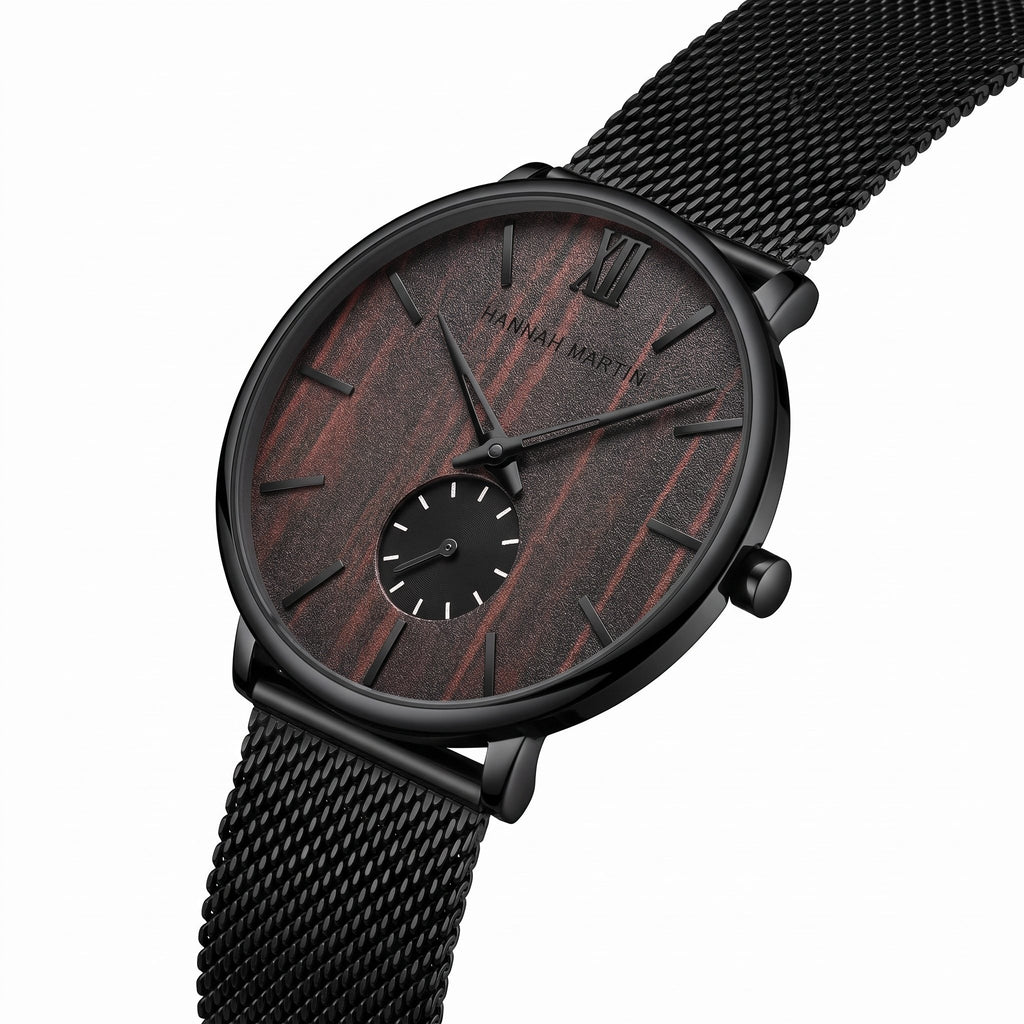 HANNAH MARTIN 3D Wood Stripe 40mm, dark wood dial, three-quarter view showing the slim case and crown