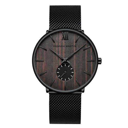 HANNAH MARTIN 3D Wood Stripe 40mm, dark wood dial on black steel mesh, front view on white