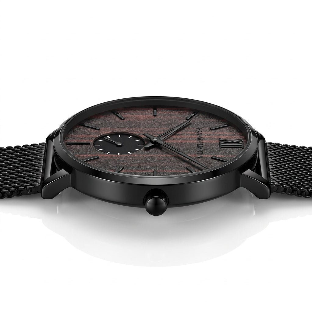 HANNAH MARTIN 3D Wood Stripe 40mm, dark wood dial, low side profile showing the slim 7.9mm case and crown