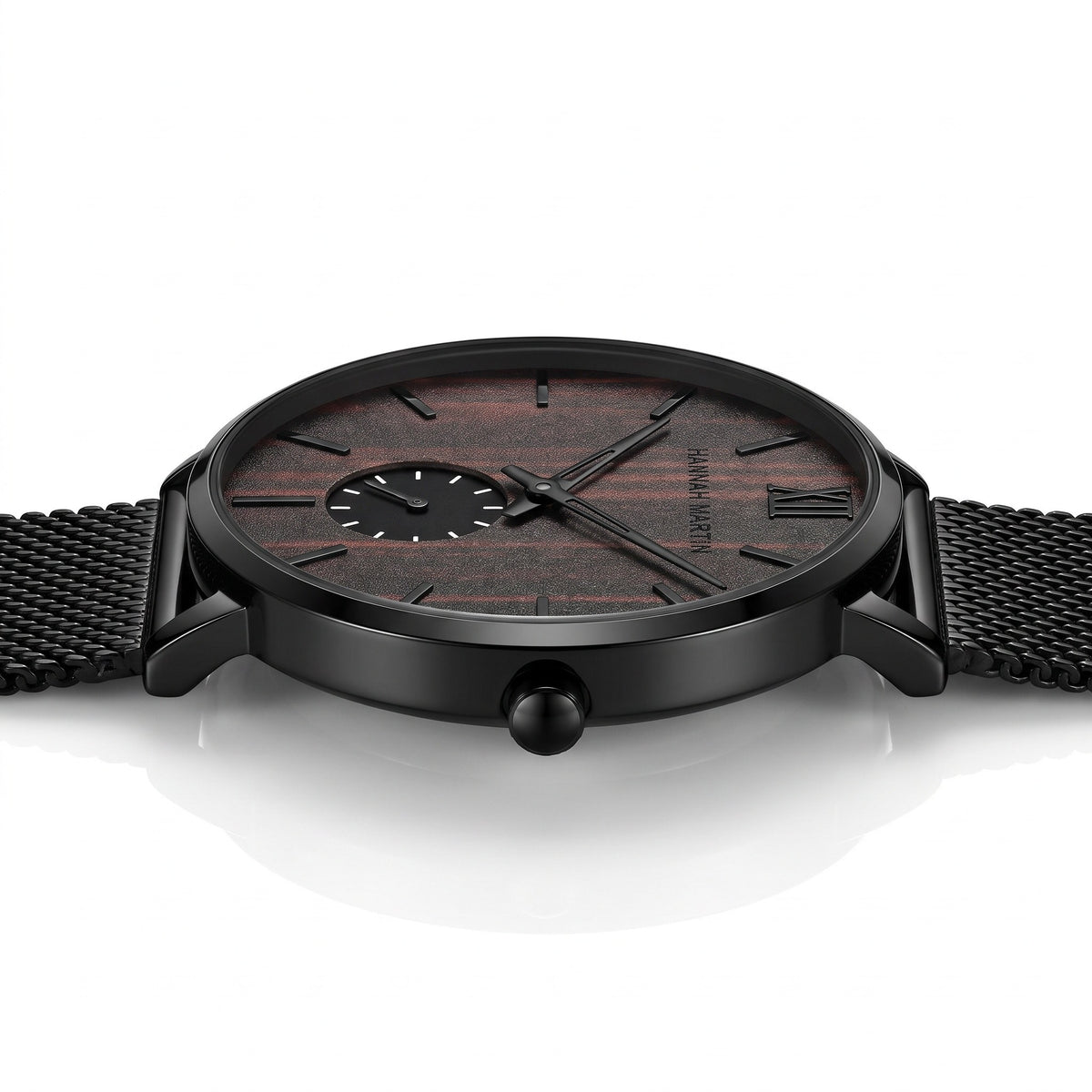 HANNAH MARTIN 3D Wood Stripe 40mm, dark wood dial, low side profile showing the slim 7.9mm case and crown