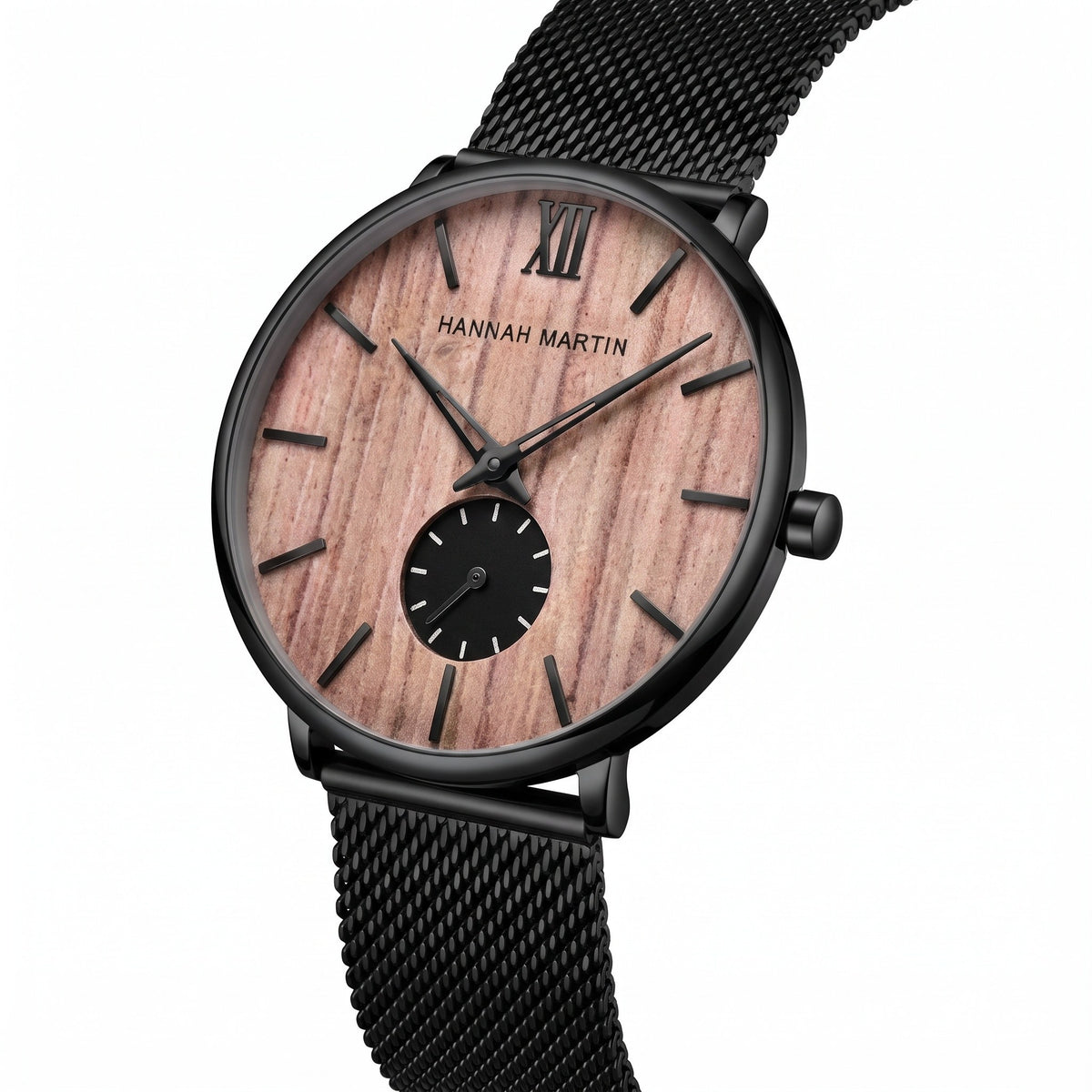 HANNAH MARTIN 3D Wood Stripe 40mm, rose wood dial, three-quarter view showing the slim case and crown