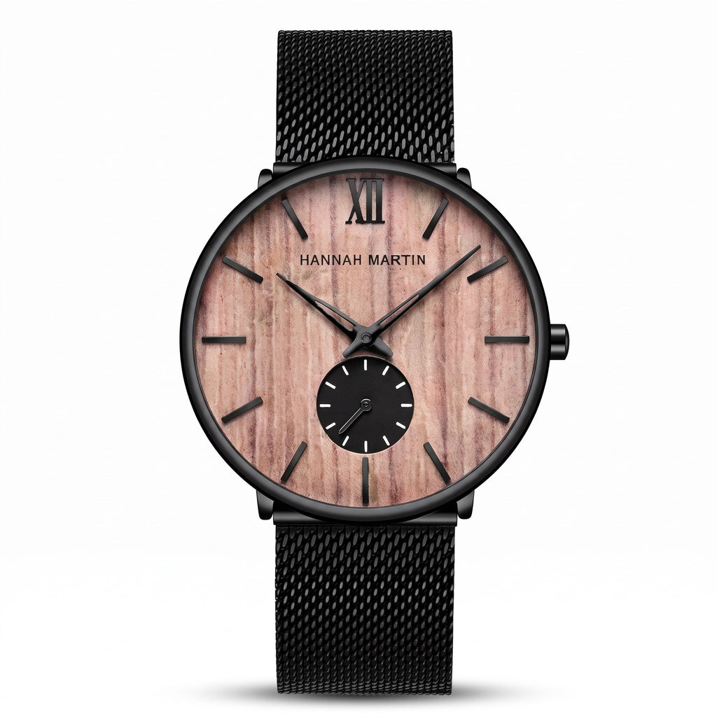 HANNAH MARTIN 3D Wood Stripe 40mm, rose wood dial on black steel mesh, front view on white