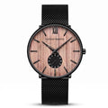 HANNAH MARTIN 3D Wood Stripe 40mm, rose wood dial on black steel mesh, front view on white