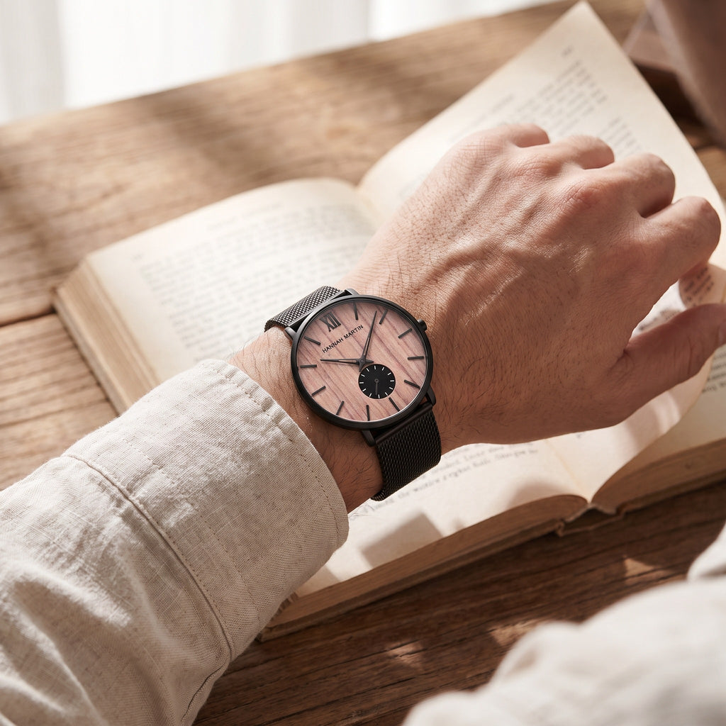 HANNAH MARTIN 3D Wood Stripe 40mm with rose wood dial worn on the wrist while reading a book