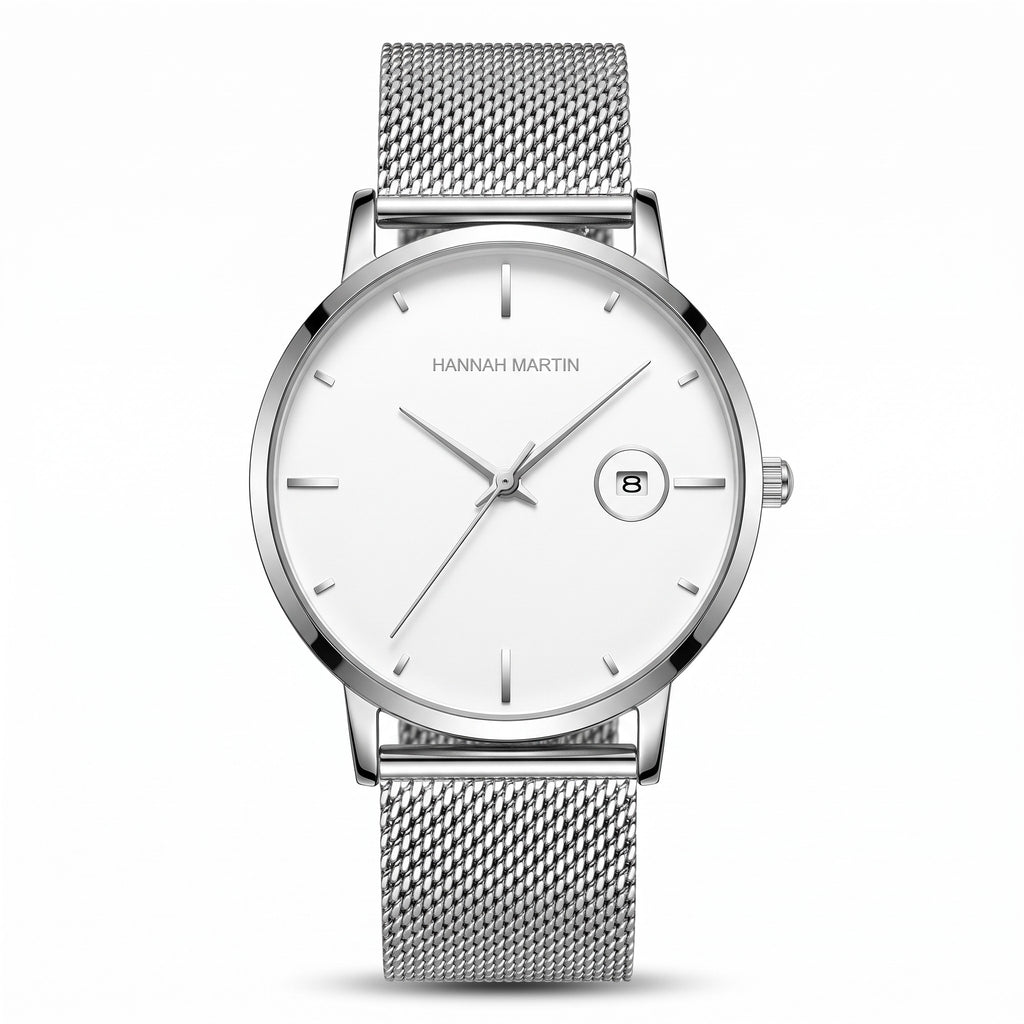 HANNAH MARTIN Minimalist Calendar 40mm, white dial and silver case on silver steel mesh, front view on white
