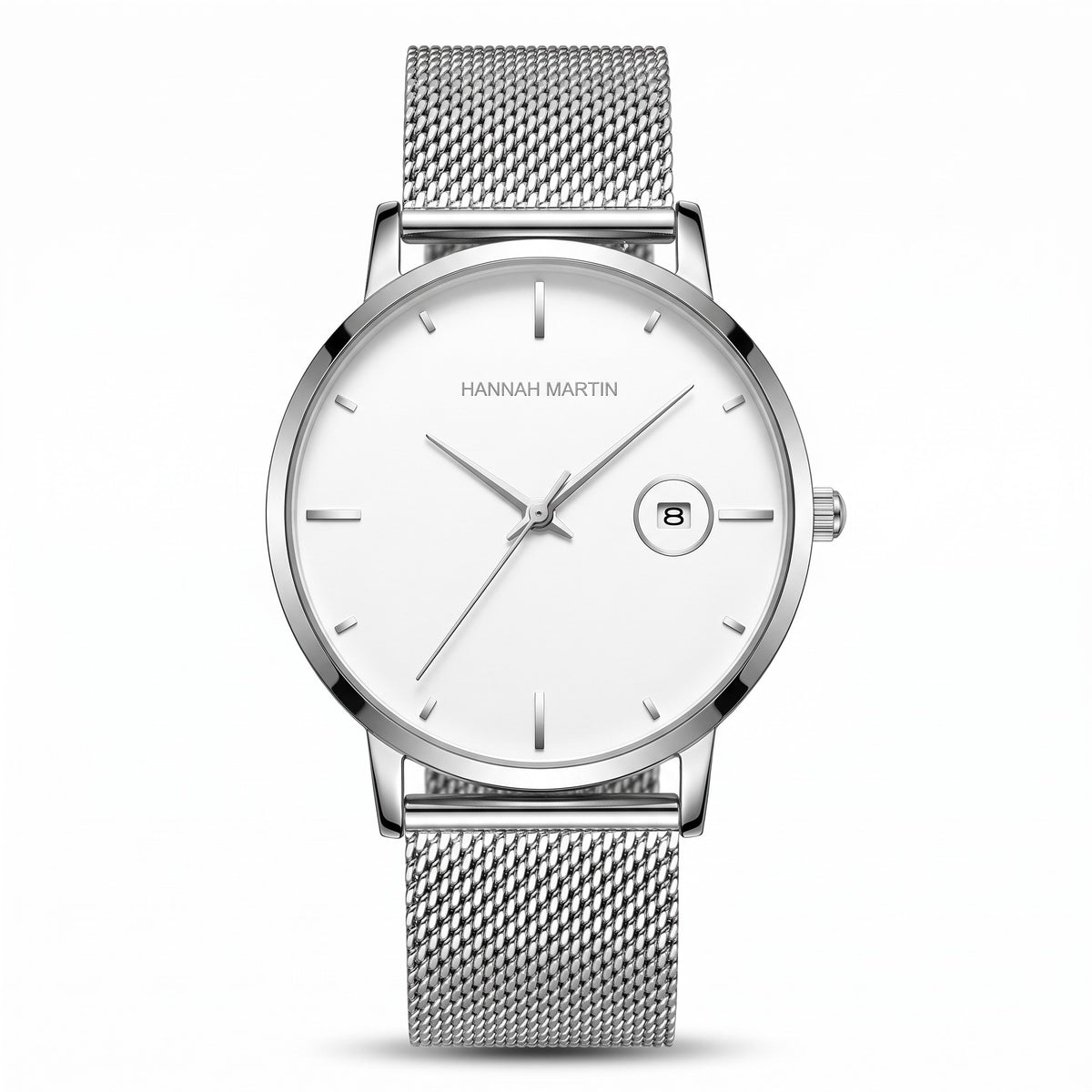 HANNAH MARTIN Minimalist Calendar 40mm, white dial and silver case on silver steel mesh, front view on white
