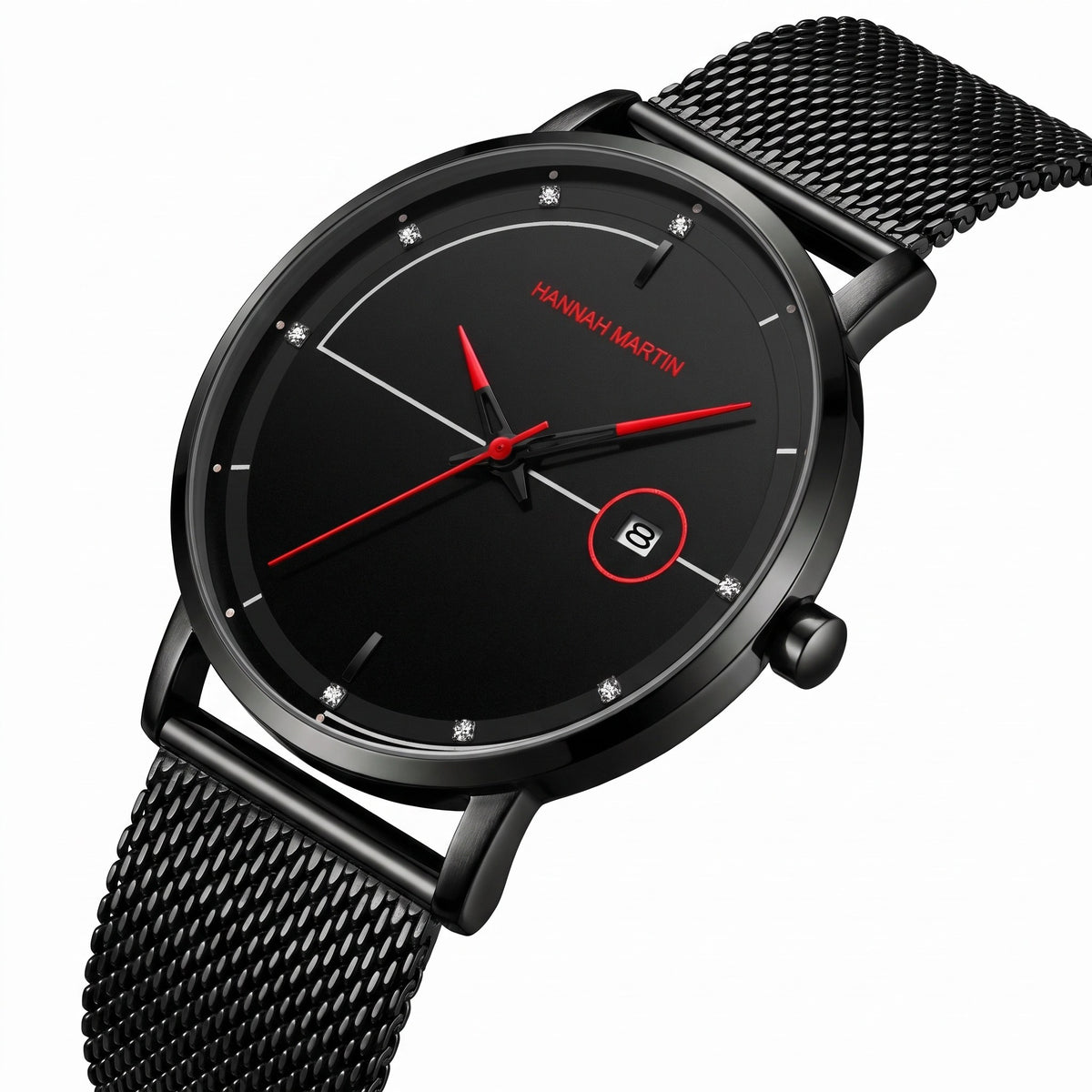 HANNAH MARTIN Minimalist Calendar 40mm, black dial with red hands, three-quarter view showing case and crown