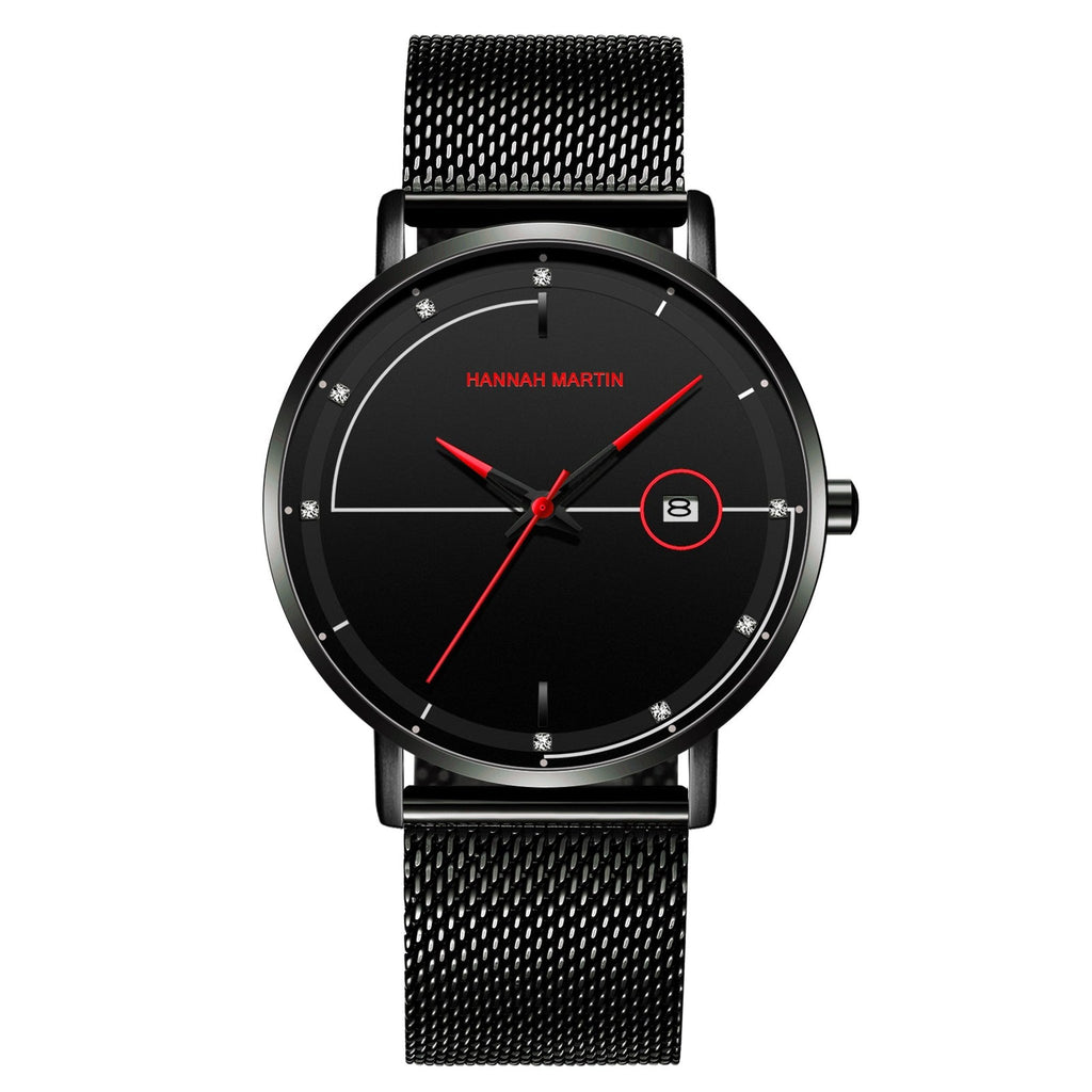 HANNAH MARTIN Minimalist Calendar 40mm, black dial with red hands on black steel mesh, front view on white
