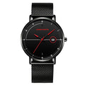 HANNAH MARTIN Minimalist Calendar 40mm, black dial with red hands on black steel mesh, front view on white