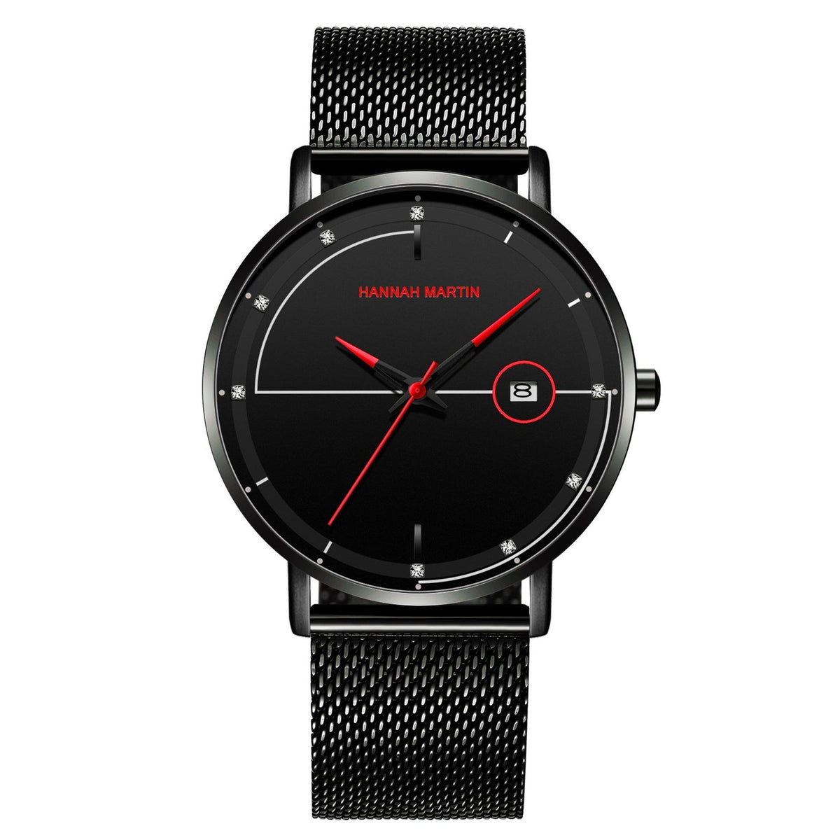 HANNAH MARTIN Minimalist Calendar 40mm, black dial with red hands on black steel mesh, front view on white
