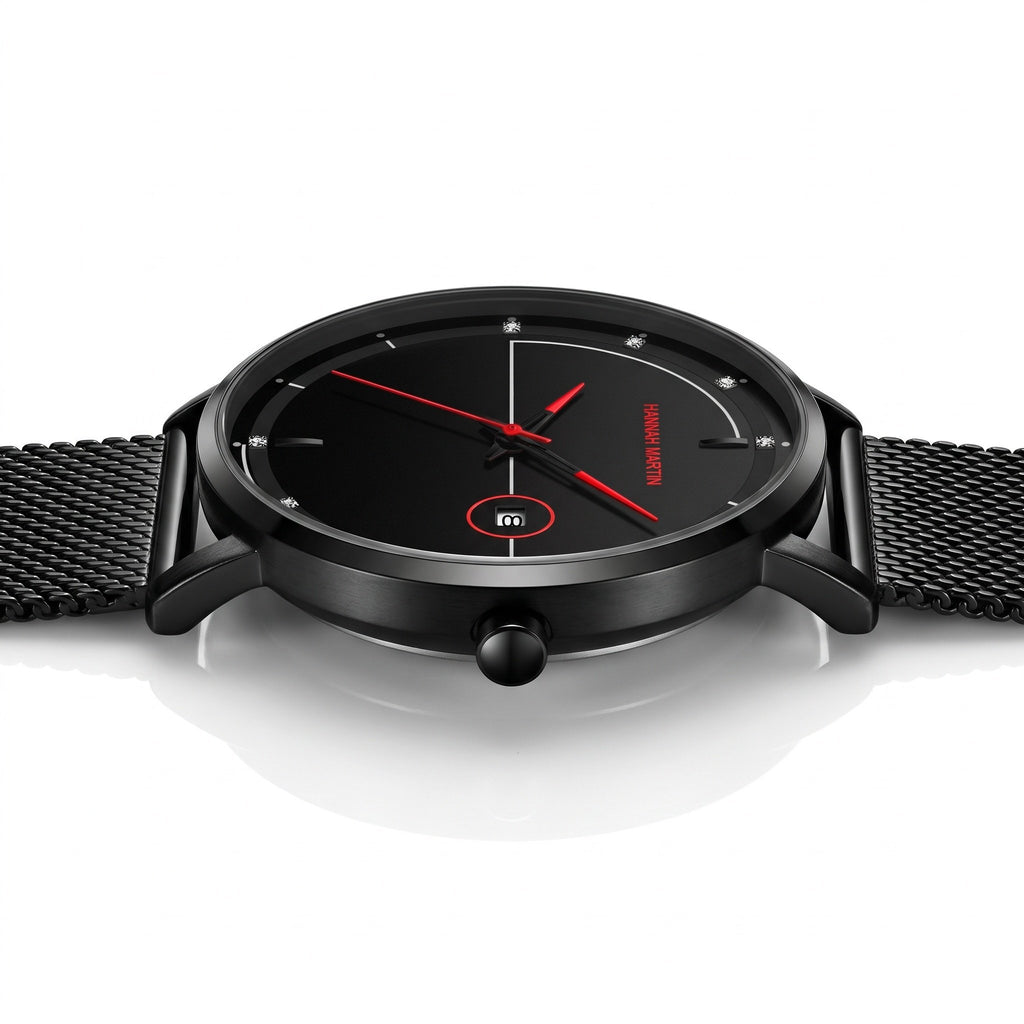 HANNAH MARTIN Minimalist Calendar 40mm, black dial with red hands, low side profile showing case thickness and crown
