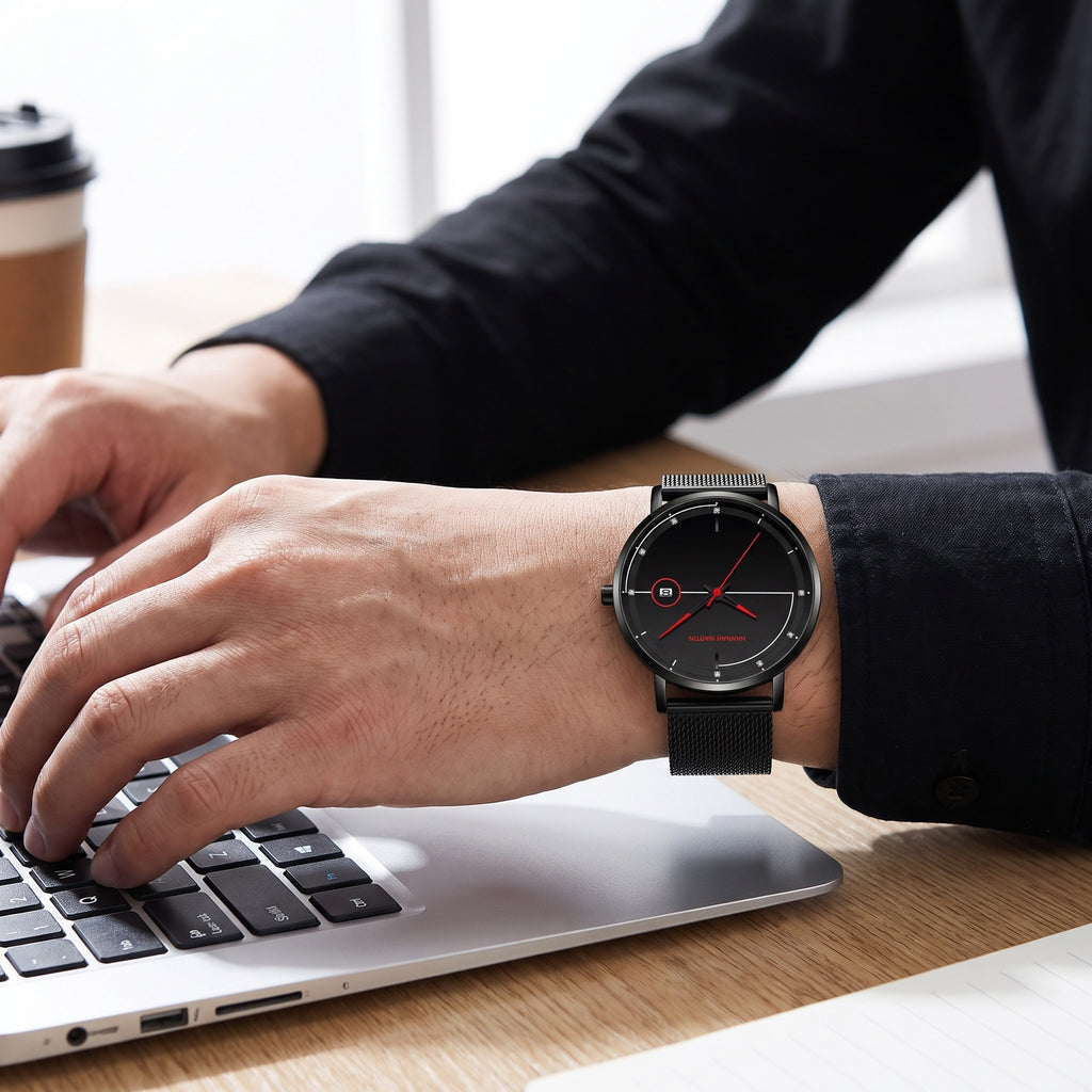 HANNAH MARTIN Minimalist Calendar 40mm, black dial with red hands, worn on the wrist while typing on a laptop