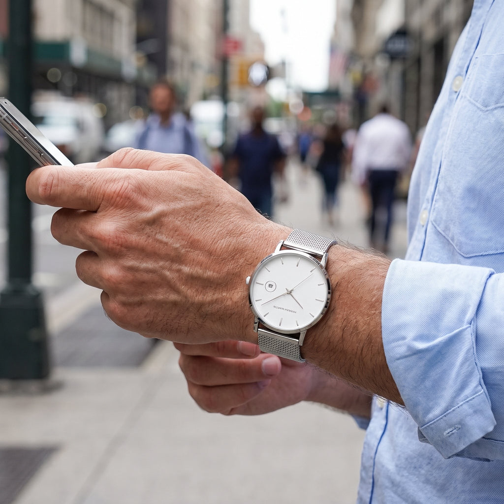 HANNAH MARTIN Minimalist Calendar 40mm, white dial on silver mesh, worn on the wrist on a city street