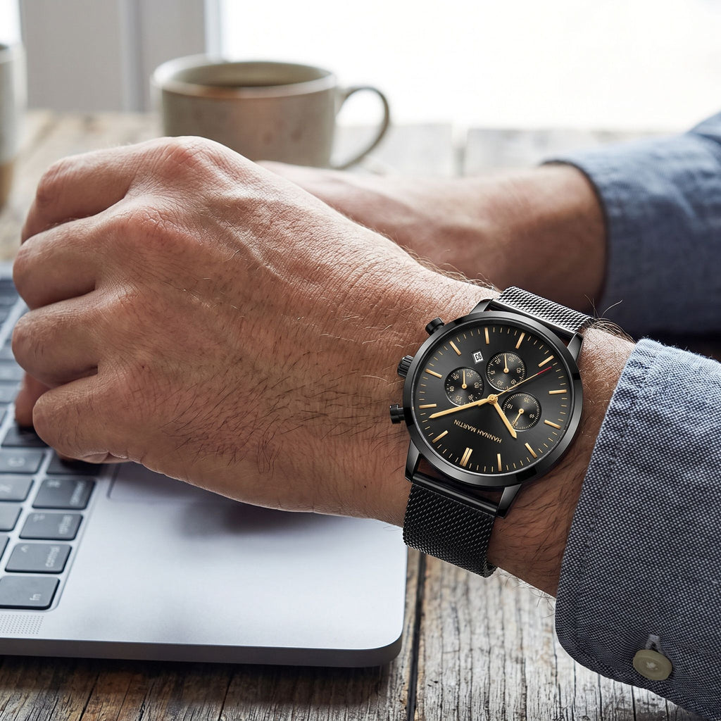 HANNAH MARTIN Three-Subdial Mesh 45mm in black worn on the wrist at a desk with a laptop and coffee