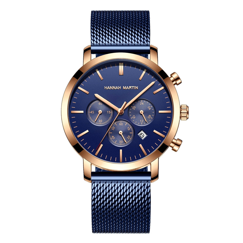 HANNAH MARTIN Three-Subdial Mesh 45mm, blue dial and rose gold case on blue steel mesh, front view on white