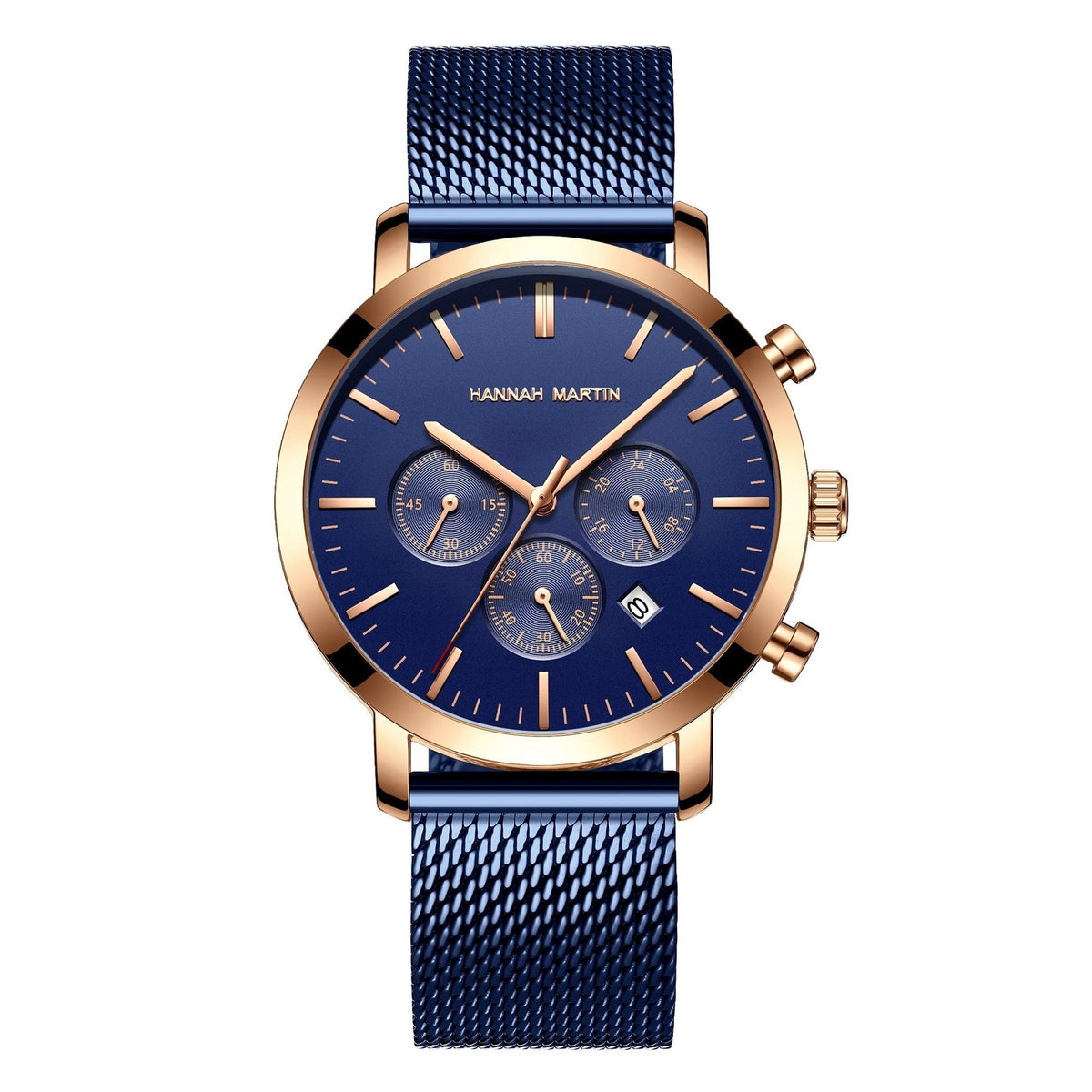 HANNAH MARTIN Three-Subdial Mesh 45mm, blue dial and rose gold case on blue steel mesh, front view on white