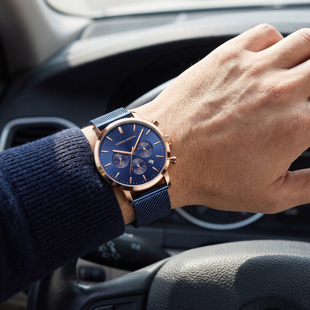 HANNAH MARTIN Three-Subdial Mesh 45mm, blue dial and rose gold case, worn on the wrist while driving