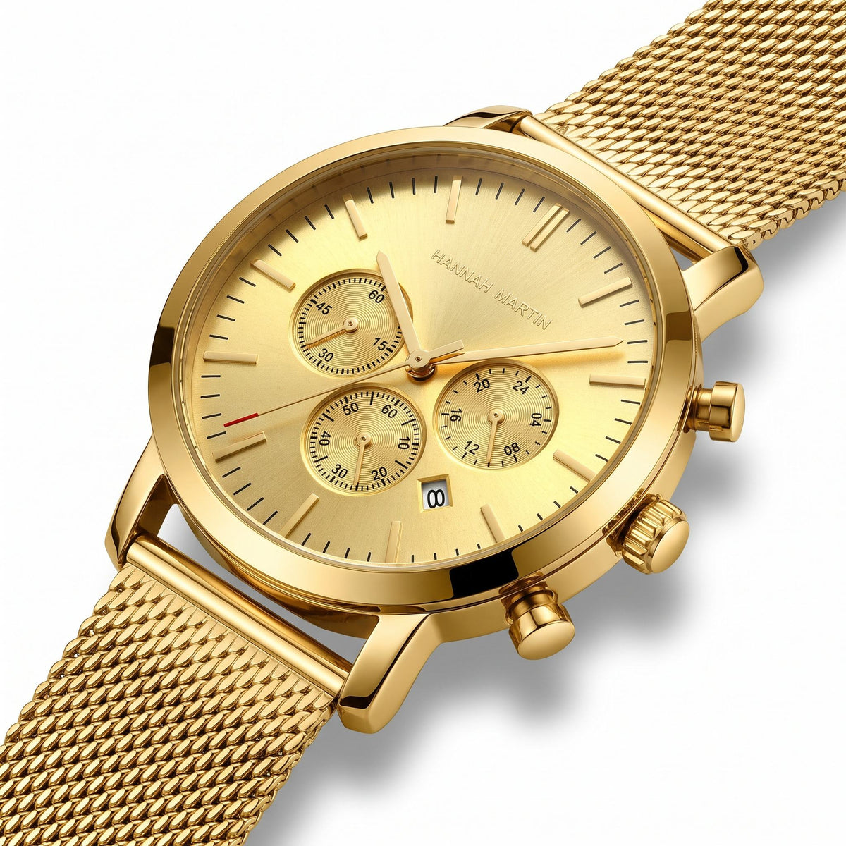HANNAH MARTIN Three-Subdial Mesh 45mm in gold, high three-quarter view showing the case side, crown and pushers