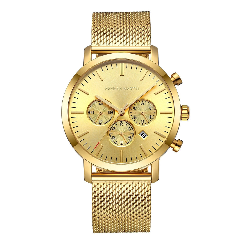 HANNAH MARTIN Three-Subdial Mesh 45mm, gold dial and gold case on gold steel mesh, front view on white
