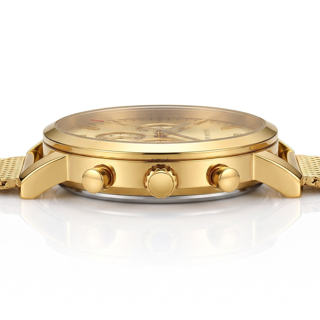 HANNAH MARTIN Three-Subdial Mesh 45mm in gold, side profile showing the 11mm case, crown and pushers