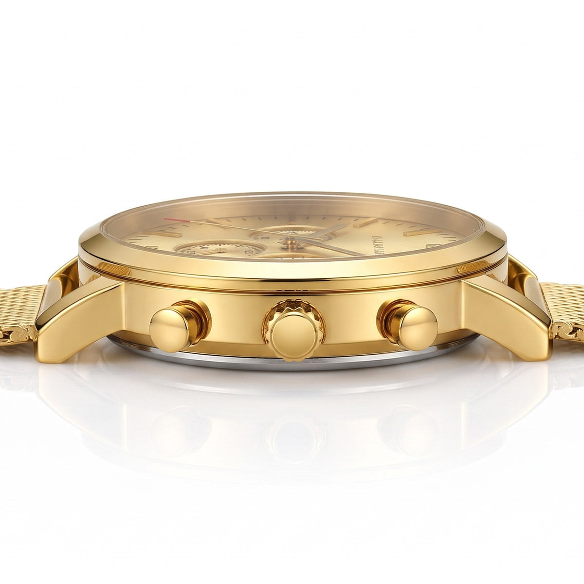 HANNAH MARTIN Three-Subdial Mesh 45mm in gold, side profile showing the 11mm case, crown and pushers