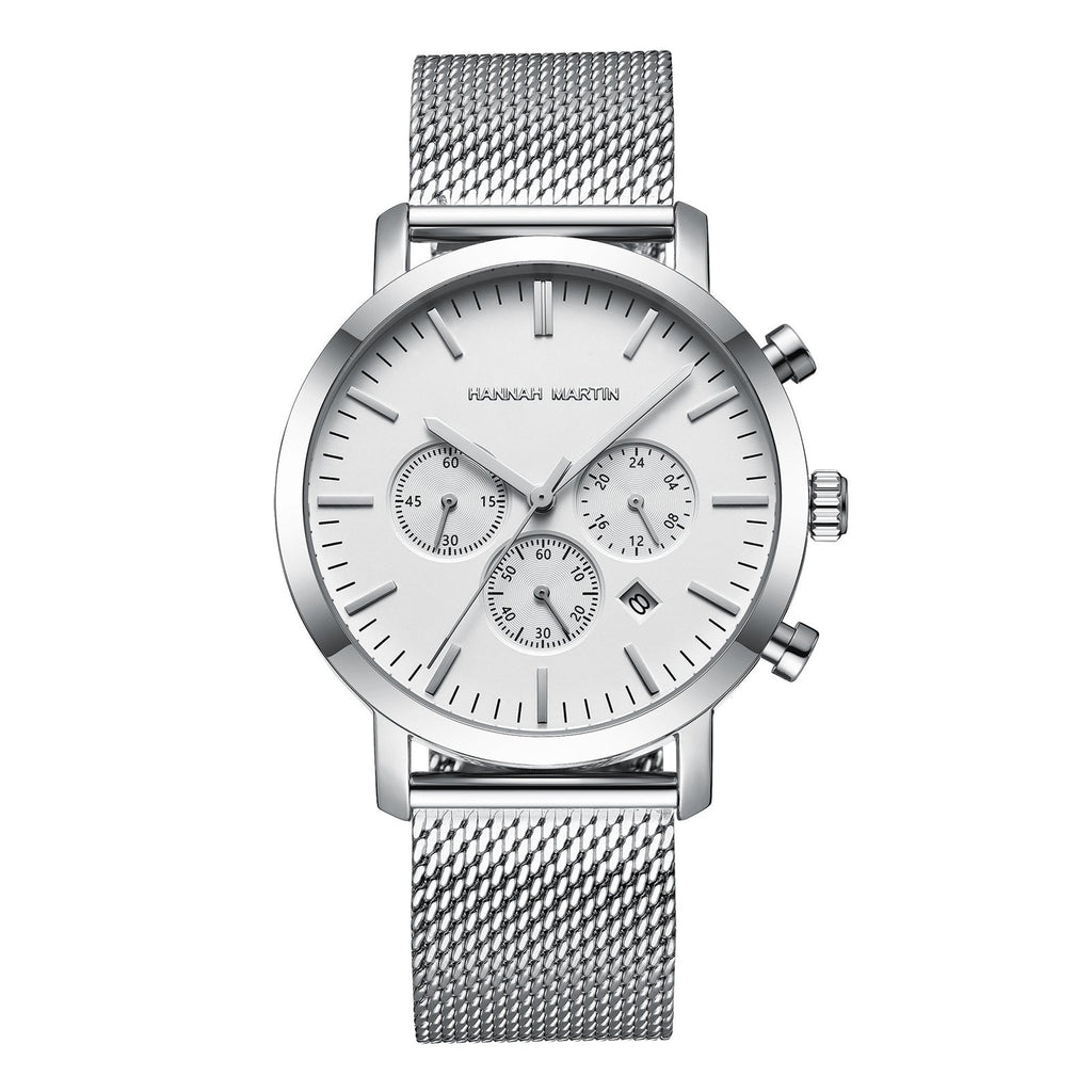 HANNAH MARTIN Three-Subdial Mesh 45mm, white dial and silver case on silver steel mesh, front view on white