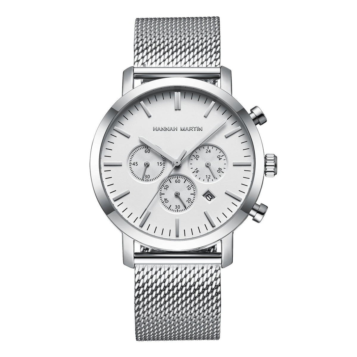 HANNAH MARTIN Three-Subdial Mesh 45mm, white dial and silver case on silver steel mesh, front view on white