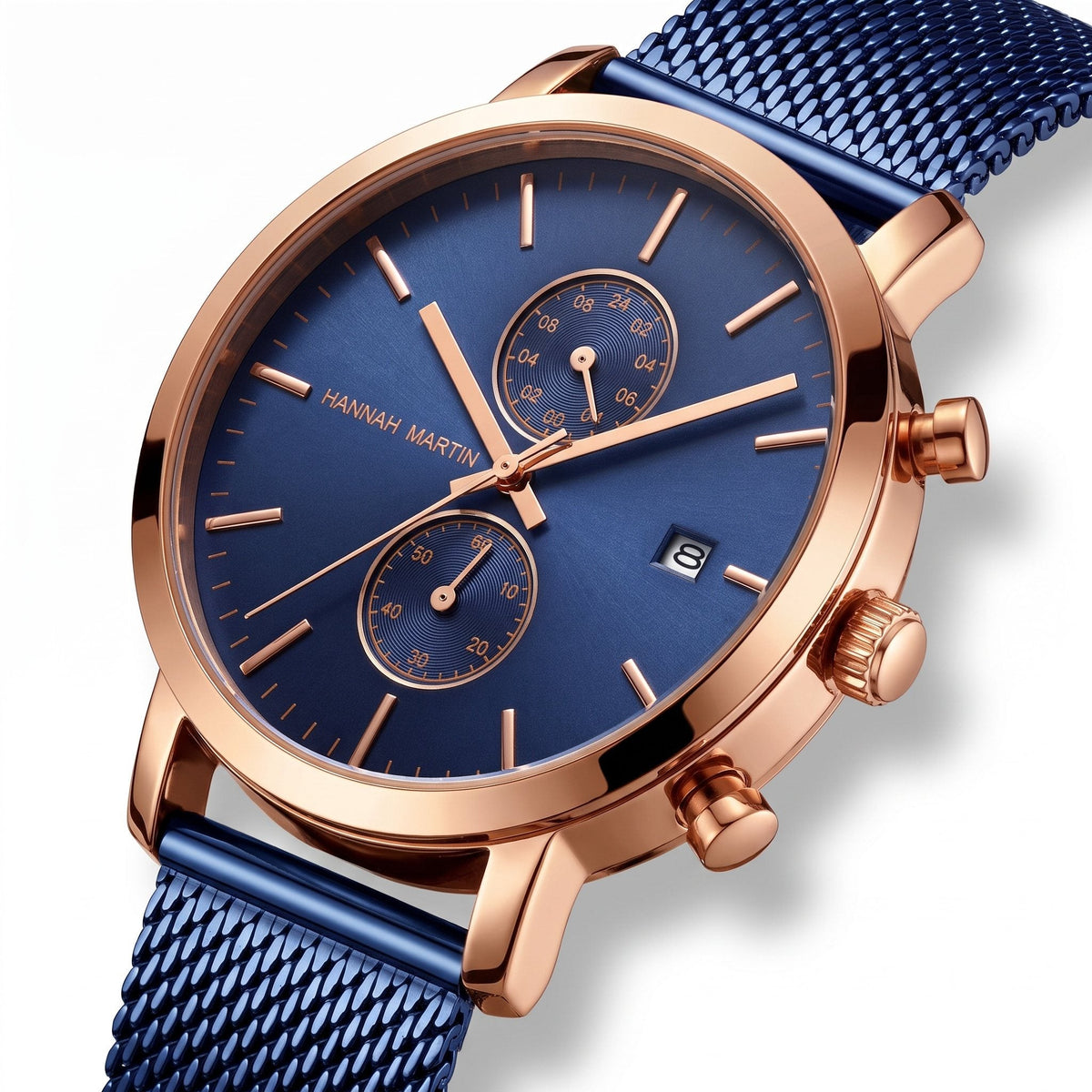HANNAH MARTIN Mesh Chronograph 45mm, two-subdial blue dial, high three-quarter view showing the crown and pushers