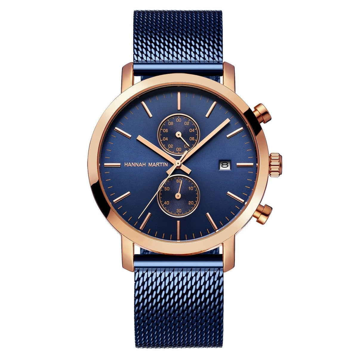 HANNAH MARTIN Mesh Chronograph 45mm, two-subdial blue dial and rose gold case on blue steel mesh, front view on white