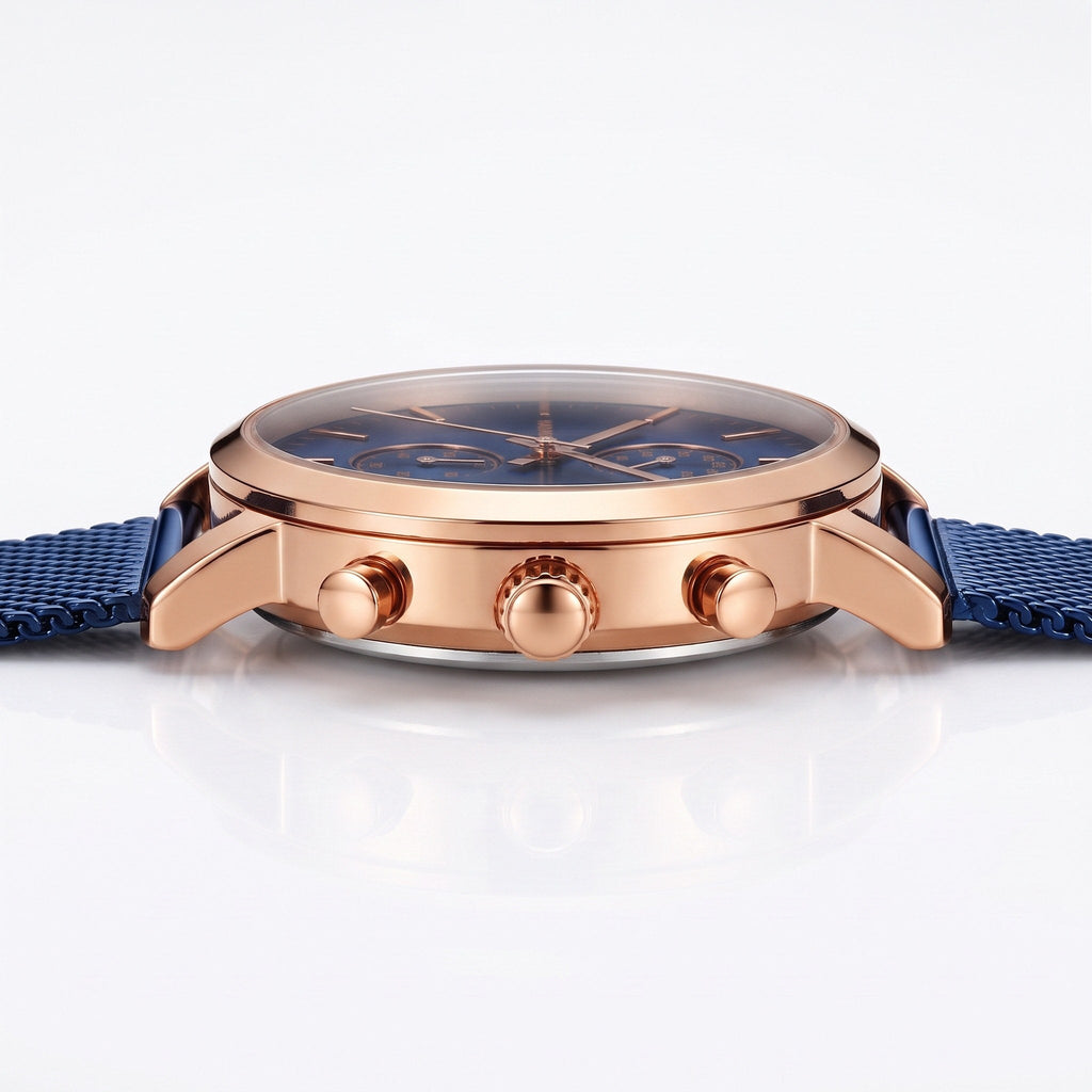 HANNAH MARTIN Mesh Chronograph 45mm, rose gold case on blue mesh, side profile showing the 11mm case, crown and pushers