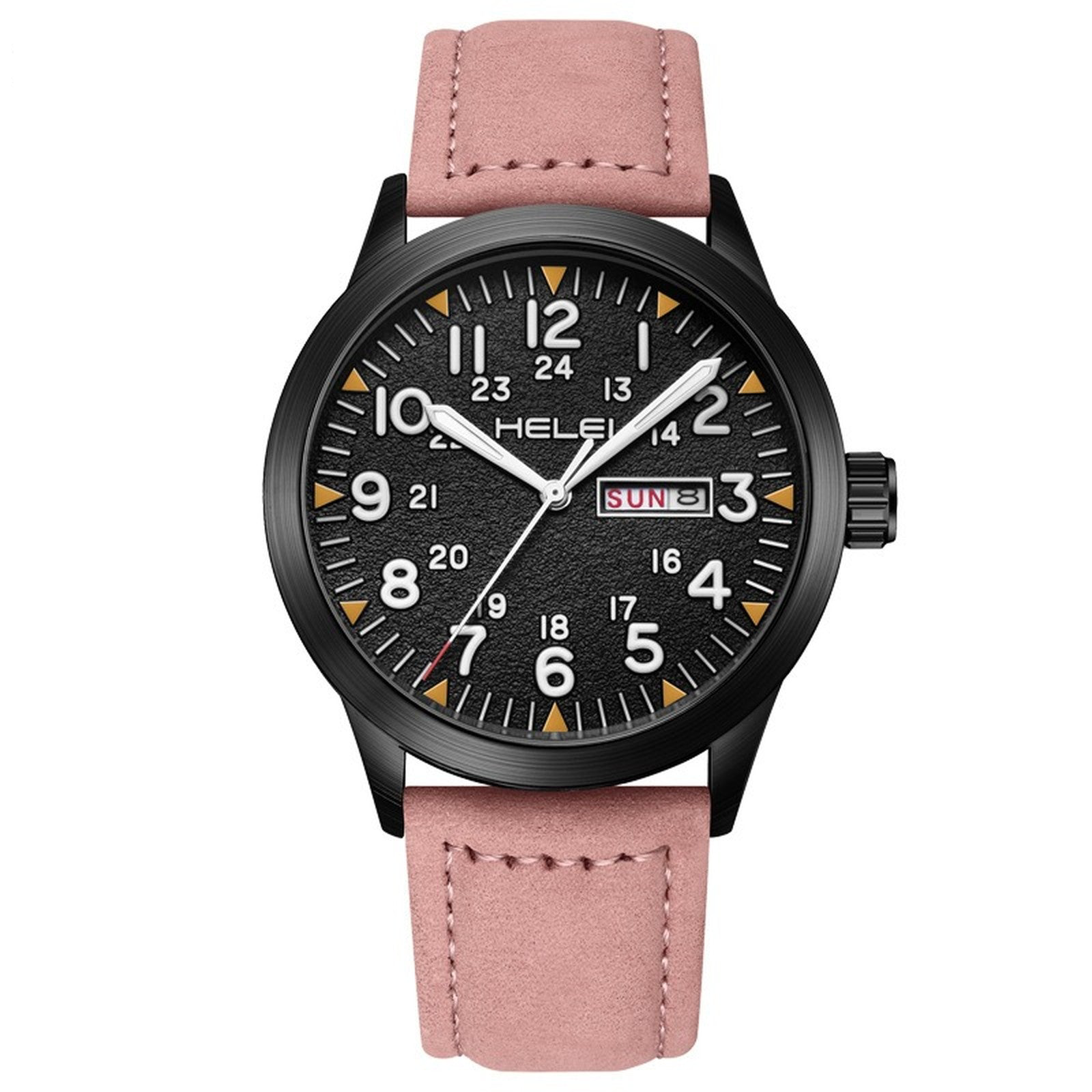 HELEI 42mm Black case pink dial field-style watch with black leather strap