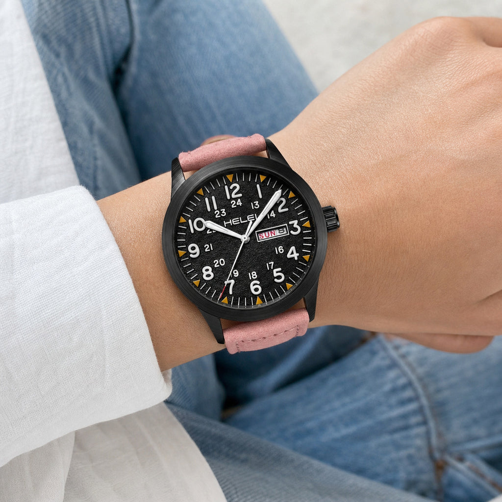 HELEI 42mm Black case pink dial field-style quartz watch worn in daylight