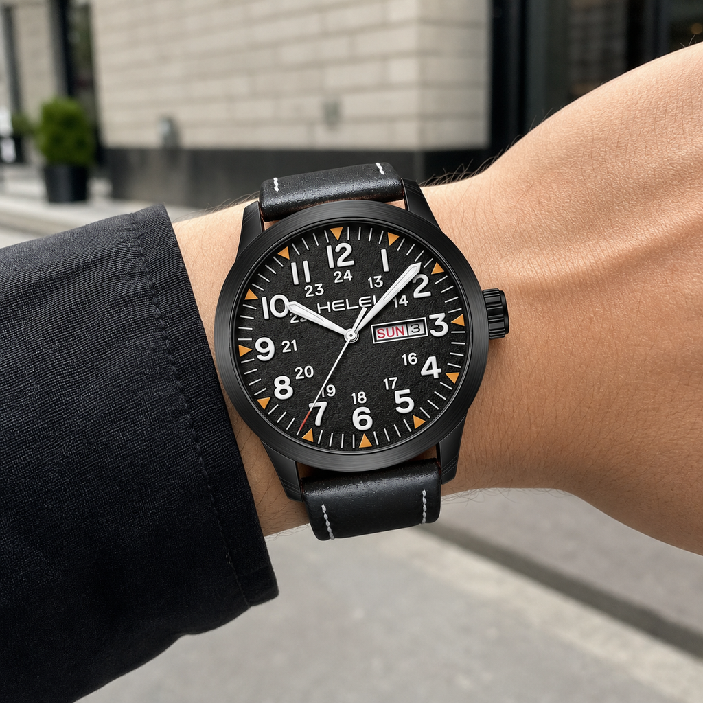 HELEI 42mm Black field-style quartz day-date watch worn outdoors