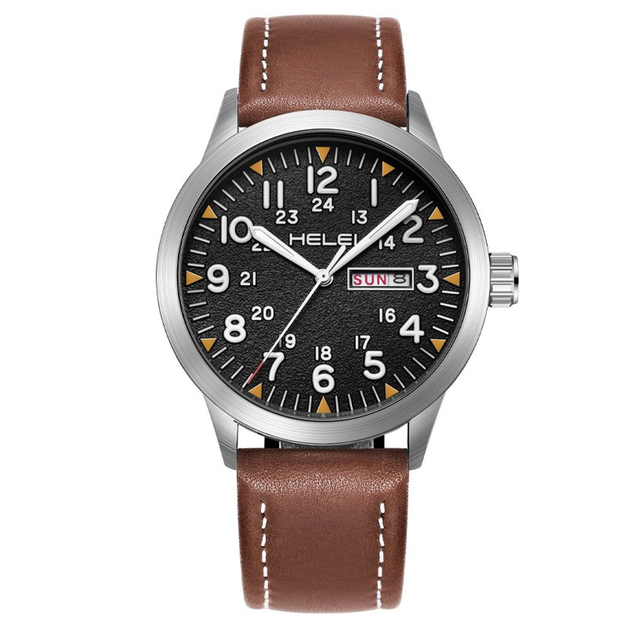 HELEI 42mm Silver case black dial field-style watch with coffee leather strap
