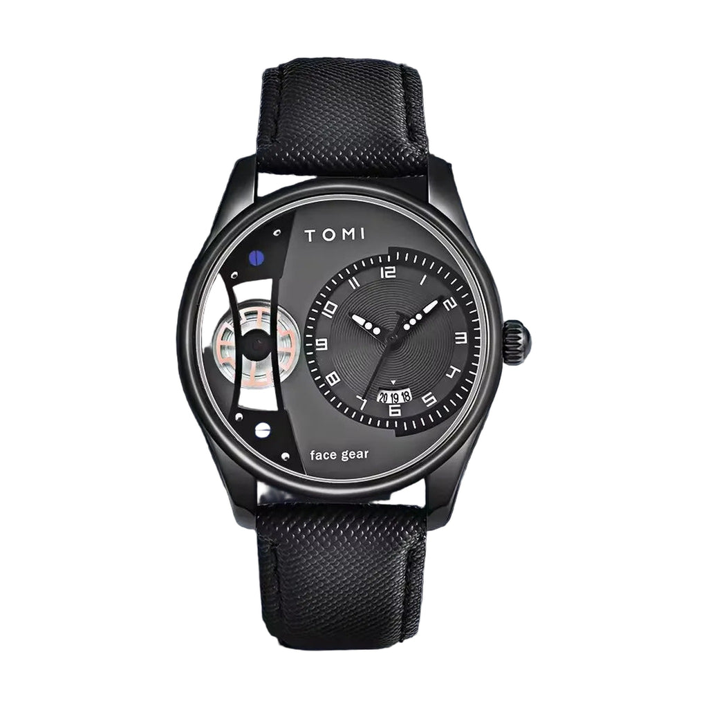 TOMI face-gear quartz watch, black case black dial black band, on pure white background