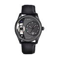 TOMI face-gear quartz watch, black case black dial black band, on pure white background