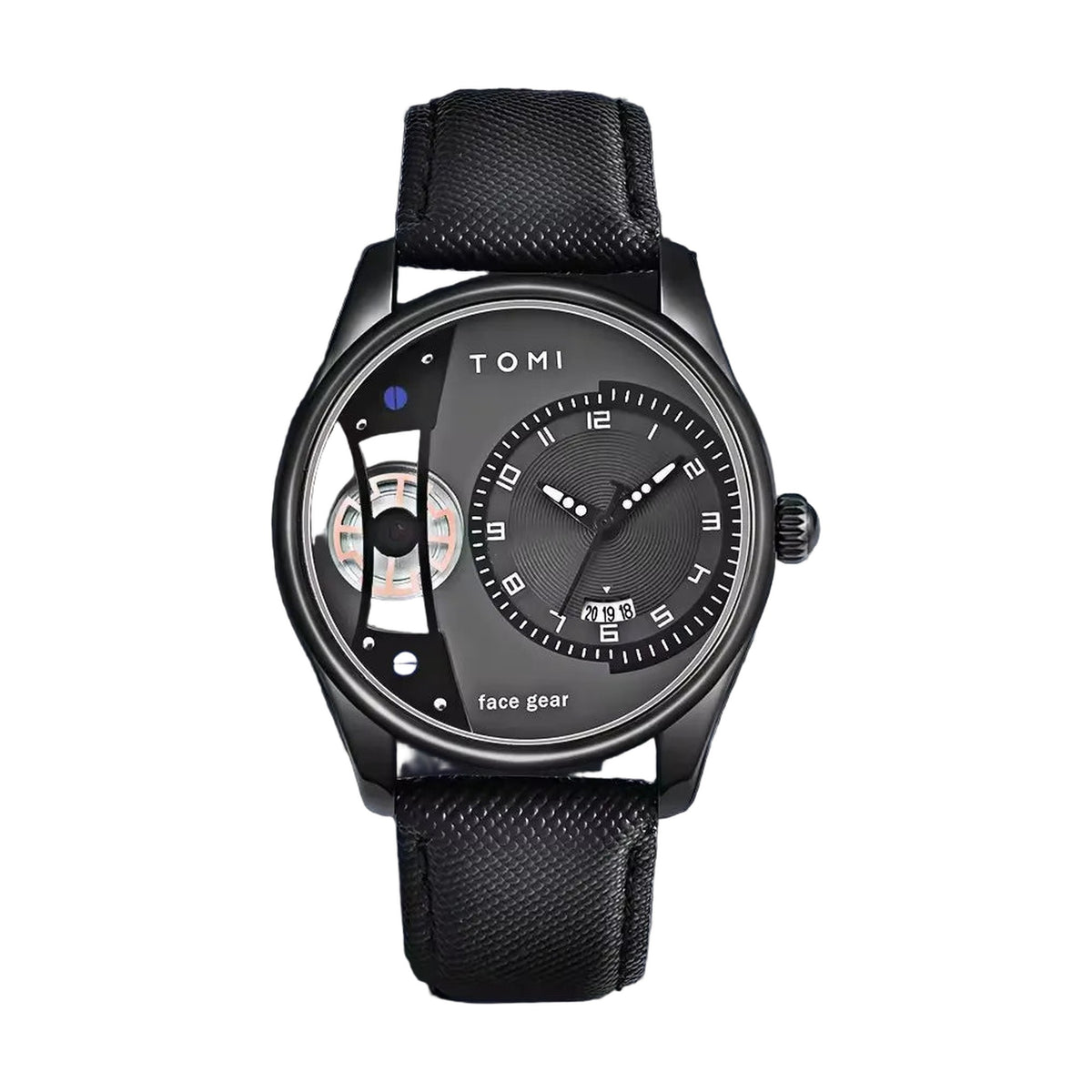 TOMI face-gear quartz watch, black case black dial black band, on pure white background