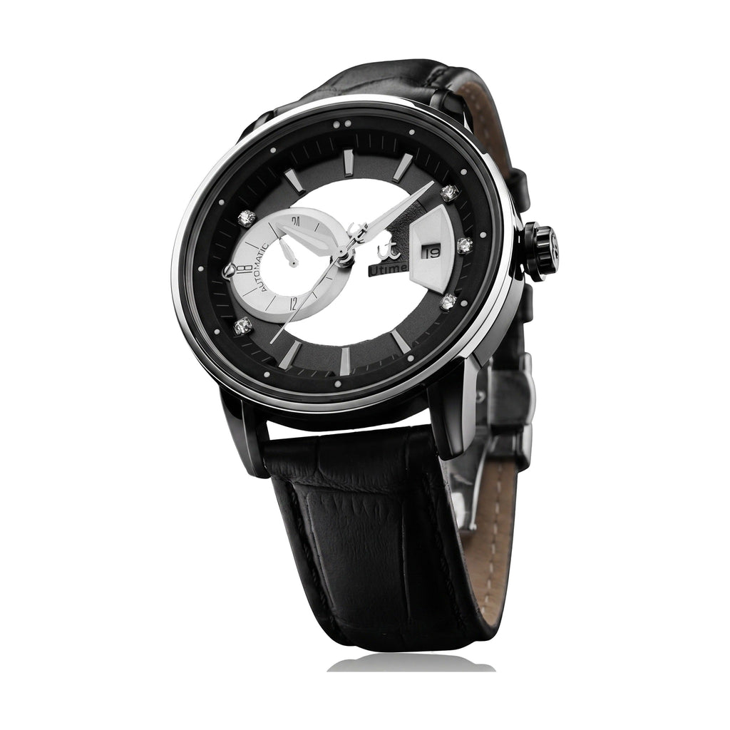 Utime U0041G black automatic leather watch on pure white background