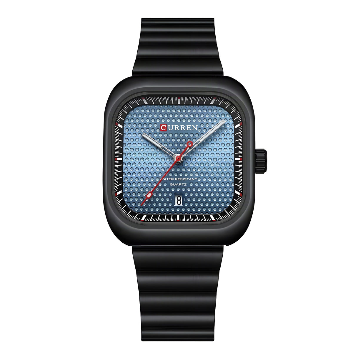 CURREN 8460 square quartz watch, black case, blue dial, black steel bracelet, on pure white background