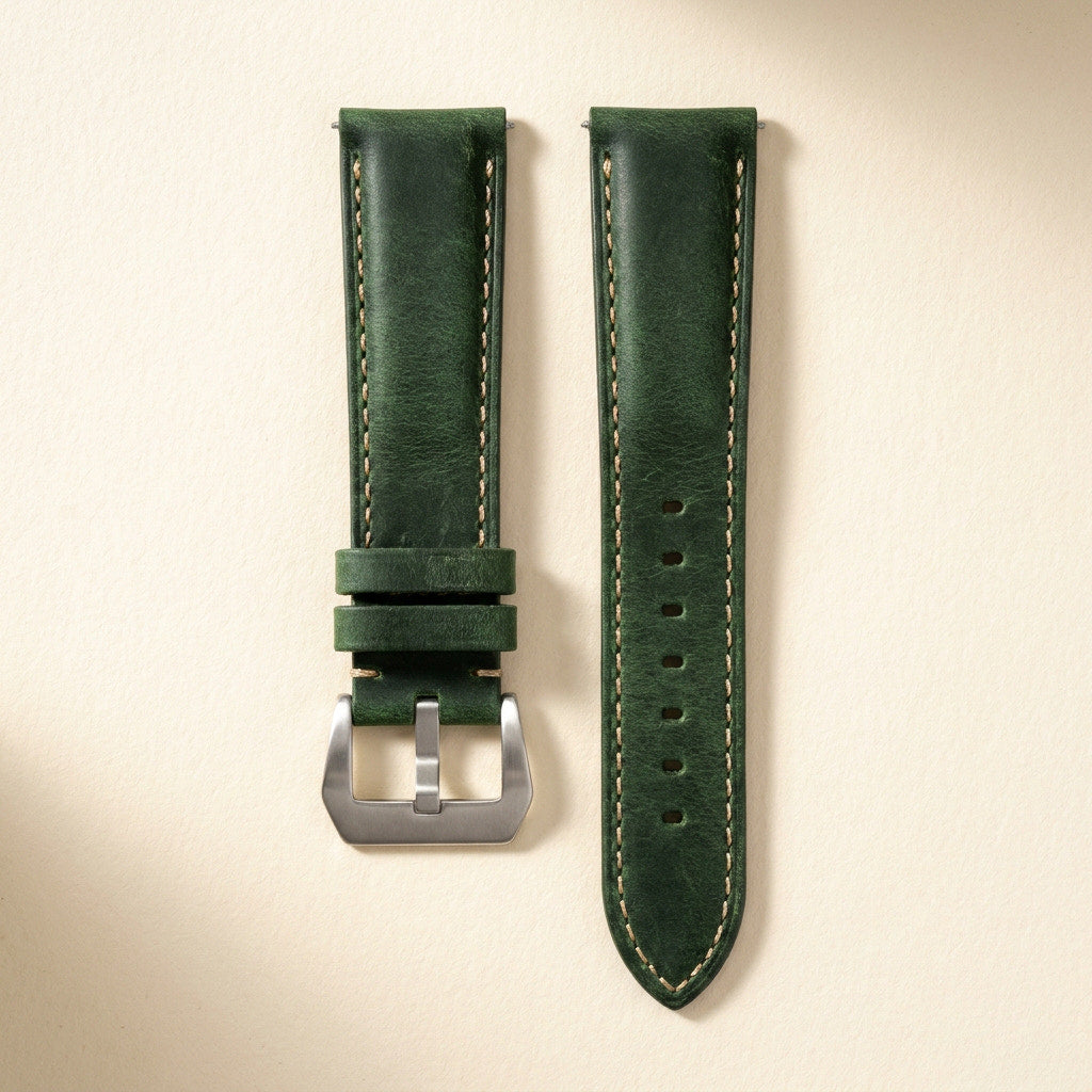 Crazy Horse leather watch strap in forest green